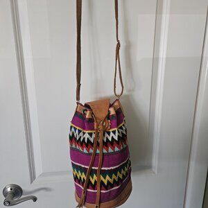Vintage Hand Loomed Tapestry Tan Leather Bag